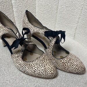 Boden Brown and Cream Polka Dot Heels with Navy Bow